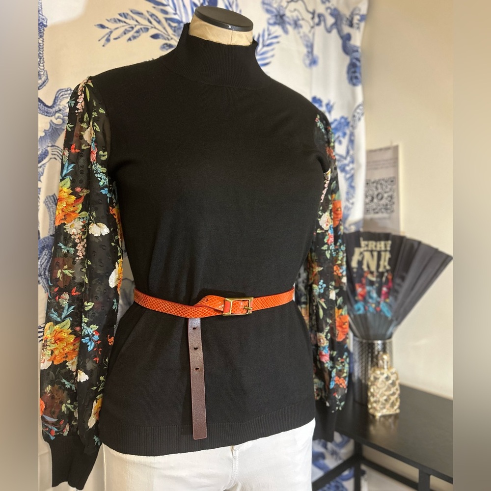 89th & Madison Black Mock Neck Top /Vibrant Floral Sheer Sleeve Sweater